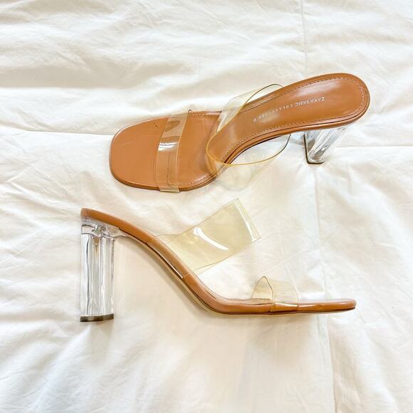 Zara Clear Strap Tan Block Heel Sandals Size 42 Transparent Heels Women’s 11 - Picture 1 of 6
